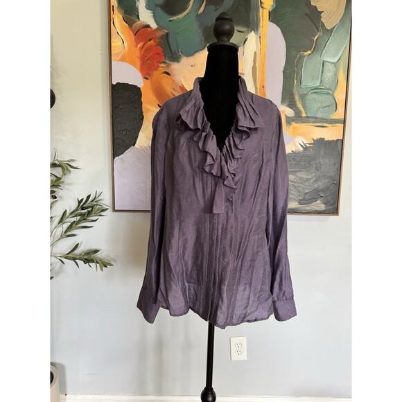 Coldwater Creek Button Up Sz 1X Purple Ruffled Neck Cottagecore Dark Academia - Picture 1 of 11
